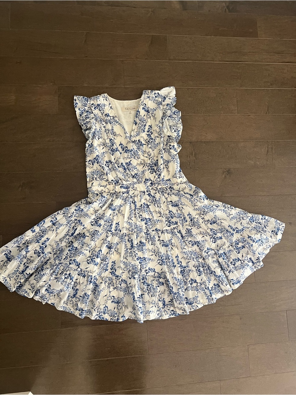 Taylor White and Blue Floral Mini Dress with Ruffle Sleeves - Picture 4 of 8